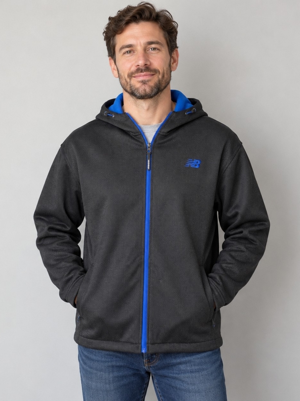 #1295 New Balance Men’s Large Black Blue Fleece Lined Full Zip Hooded Jacket